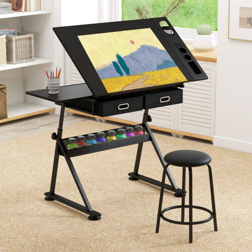 Adjustable Drawing Drafting Table w/ Tilting Tabletop 2 Drawers &Stool ...