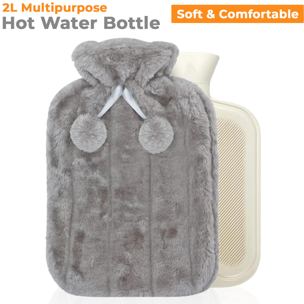 Large 2L Hot Water Bottle with Fluffy Cover - Rubber Bag Included