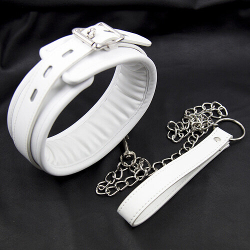 White Padded Leather Collar and Chained Leash 1