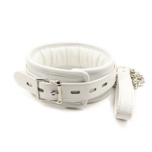 White Padded Leather Collar and Chained Leash 2