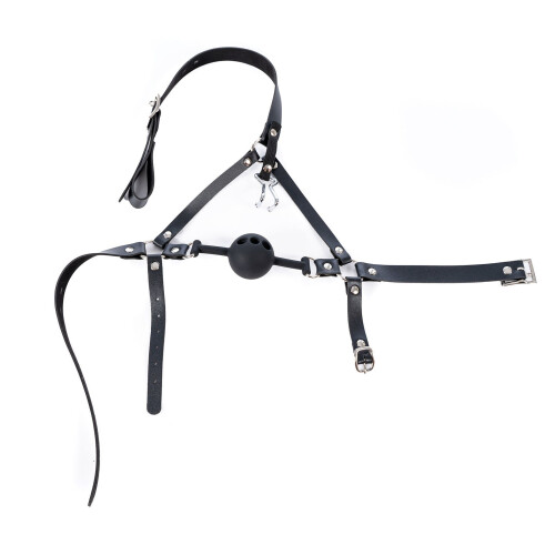 Black Bondage Head Harness with Vented Ball Gag and Nostril Hook