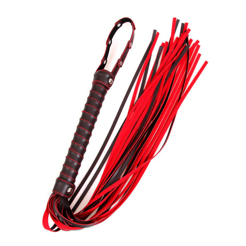 Red and Black Leatherette Flogger with Rivet Detail on the Hand Loop 1