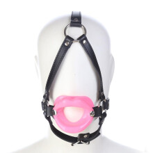 Silicone Open Mouth Lip Gag Head Harness (Black)