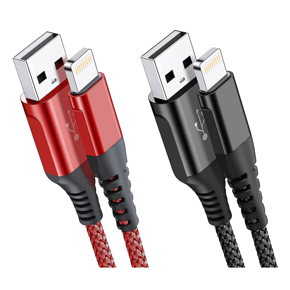 (2M Single, Black) Red Ember Heavy Duty iPhone Braided Charger Cable