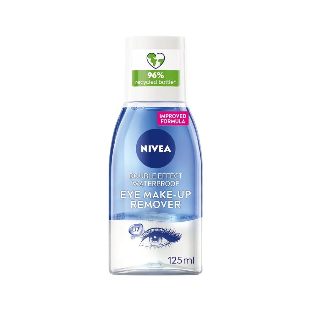 NIVEA Double Effect Waterproof Eye Make-Up Remover (125 ml), Daily Use Face Cleanser for Make-Up and Mascara with Cornflower Extract and Biotin