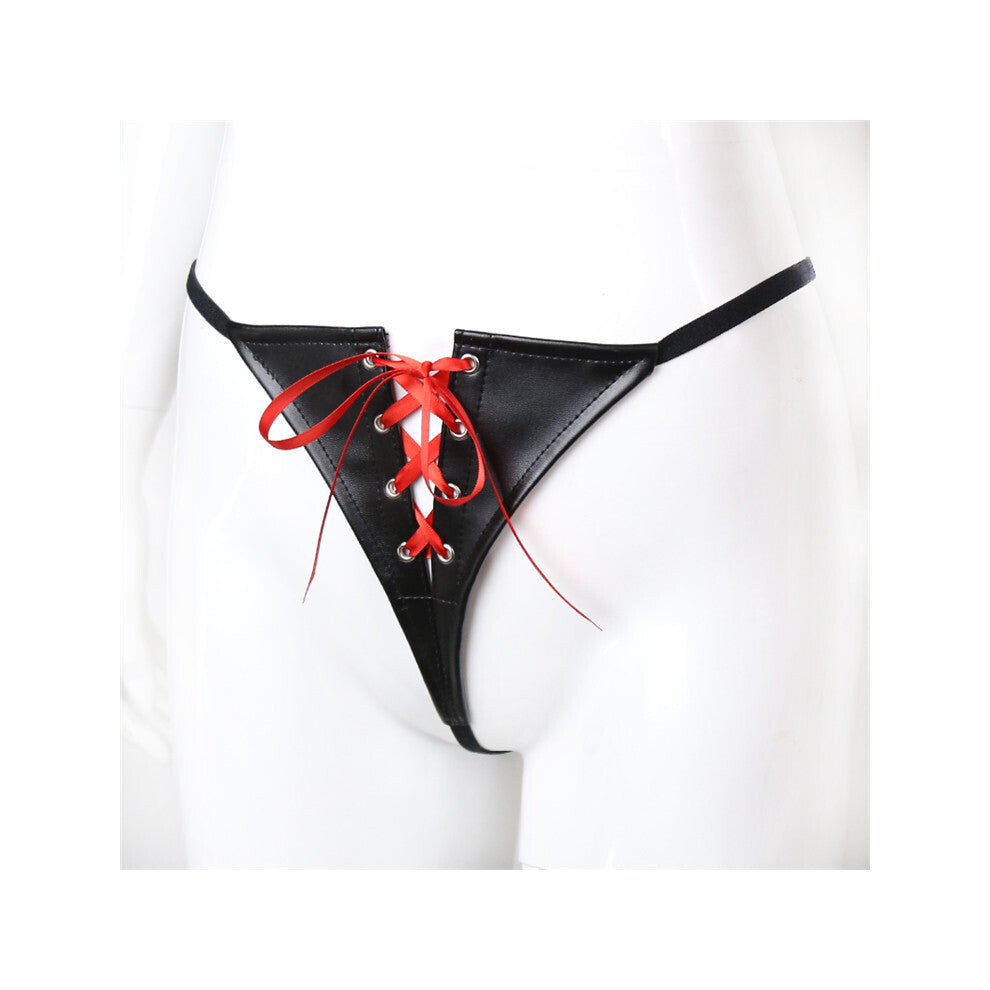 House Of Glass Black,Red Pu Leather Black And Red Ribbon Knickers