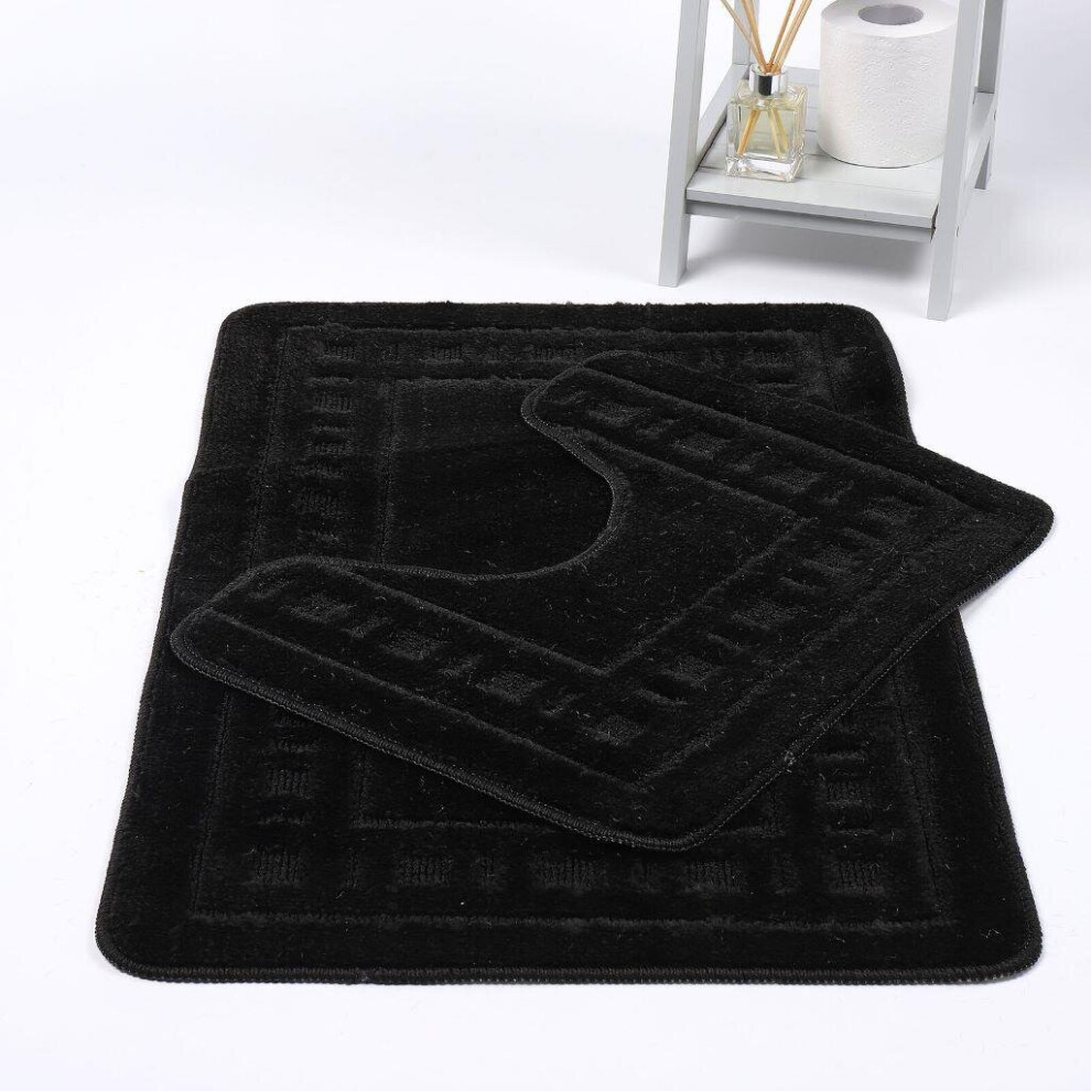 (Black) Diem Bath Mat 2 Piece Set Non-Slip Pedestal and Bath Mat Toilet Bathroom Rug