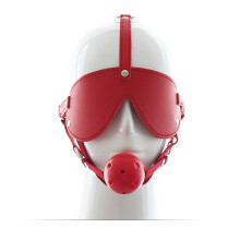 Red Faux Leather Blindfold Head Harness with an incorporated Ball Gag