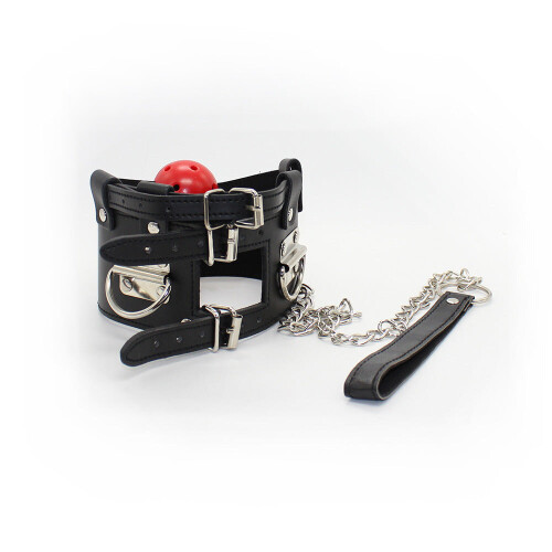 Neck Brace' Ball Gag Bondage Collar (Red) 2