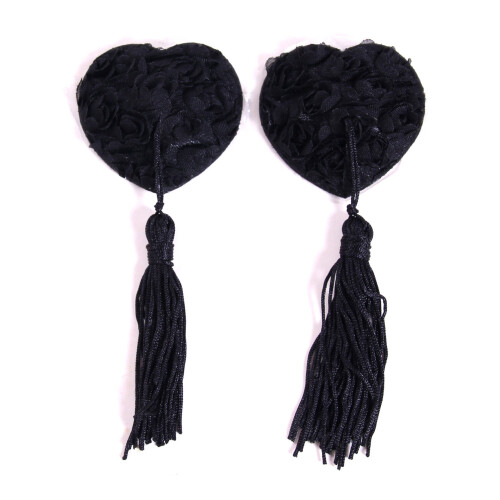 Heart Shaped Black Nipple Covers with Tassels