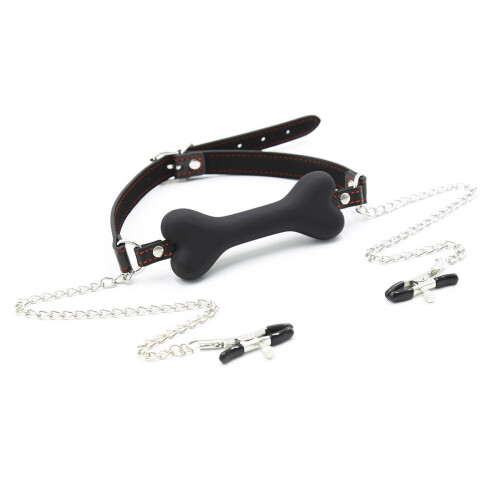 Bone Gag and Nipple Clamps (Black and Red) 1