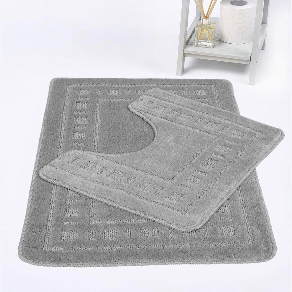 (Silver) Diem Bath Mat 2 Piece Set Non-Slip Pedestal and Bath Mat Toilet Bathroom Rug