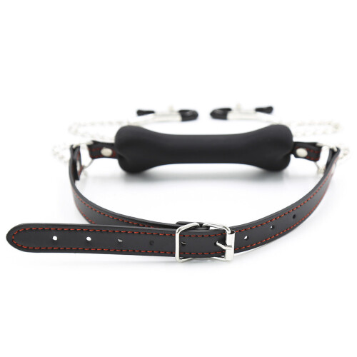 Bone Gag and Nipple Clamps (Black and Red) 2