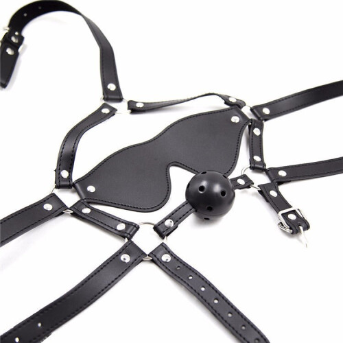 Red BDSM Blindfold and Gag Face Harness