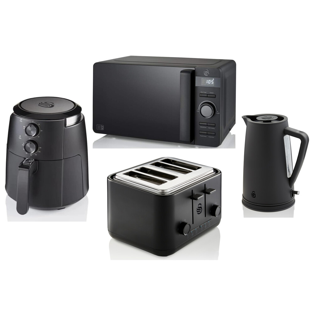 Swan Stealth Black Kettle 4 Slice Toaster Microwave & Air Fryer Set