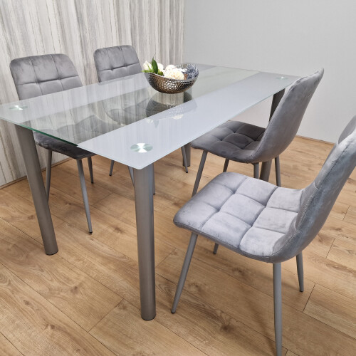 Grey Clear Glass Dining Table With 4 Grey Tufted Velvet Chairs Set