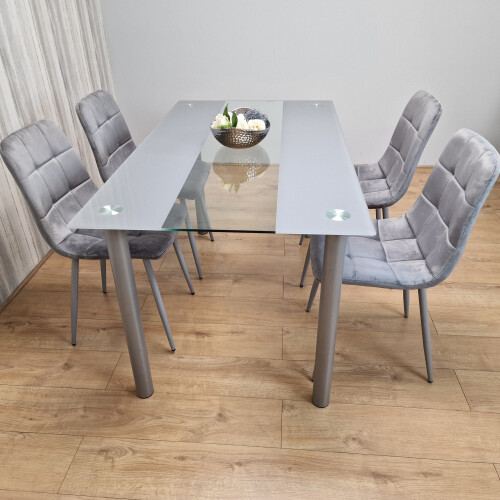 Grey Clear Glass Dining Table With 4 Grey Tufted Velvet Chairs Set 2