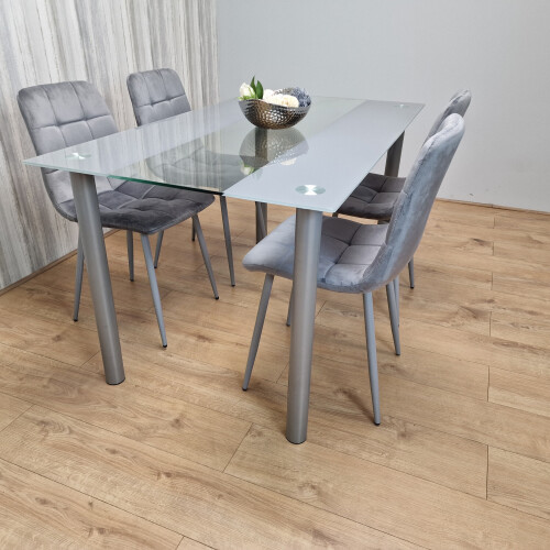 Grey Clear Glass Dining Table With 4 Grey Tufted Velvet Chairs Set 1