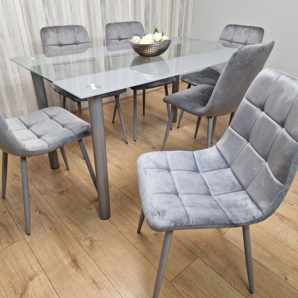 Grey Clear Glass Dining Table With 6 Grey Tufted Velvet Chairs Set