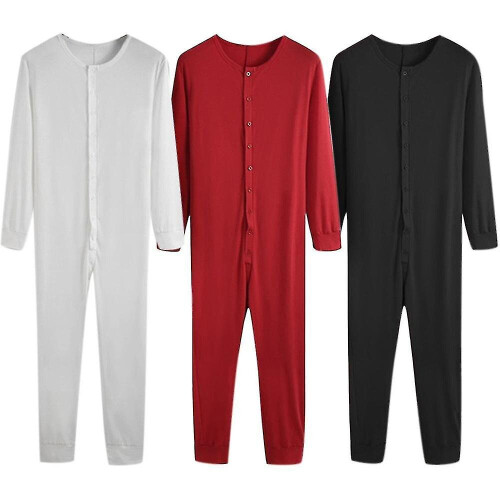 (White, M) Men's One Piece Long Johns Night Pajama
