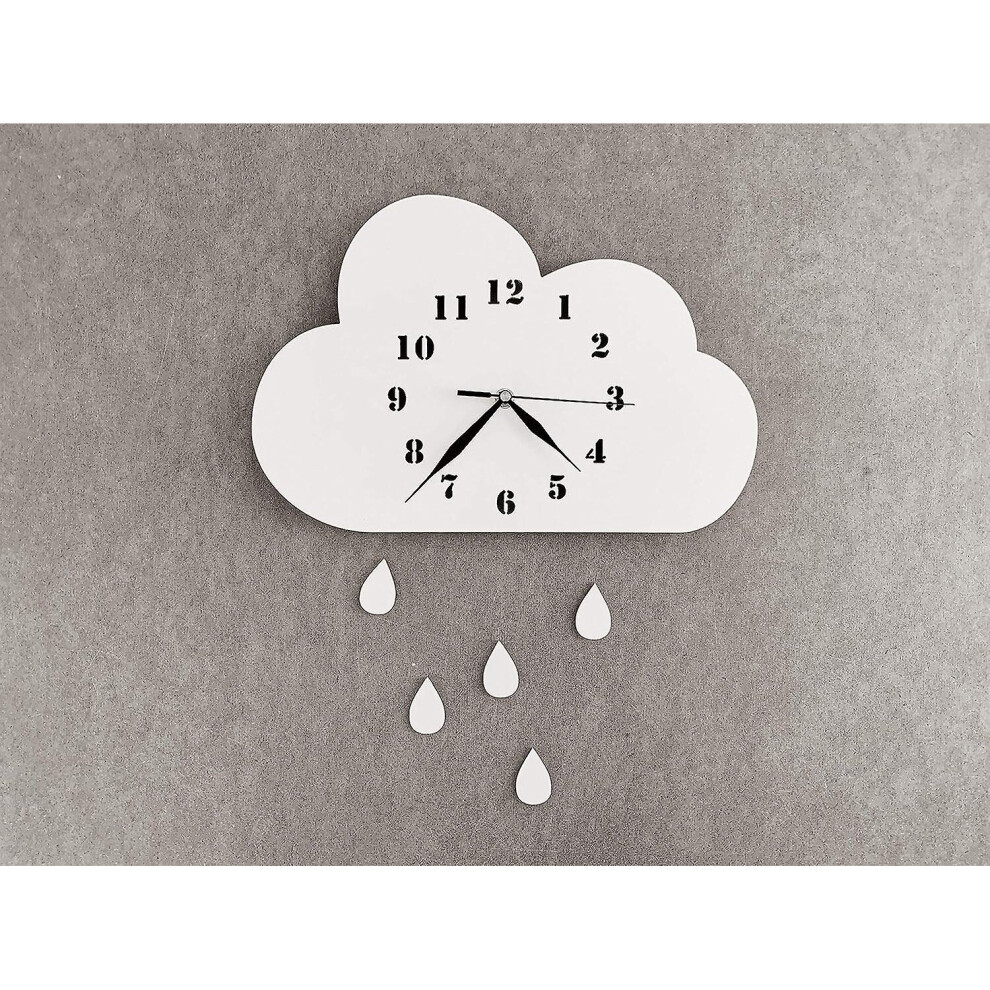 Children's Wall Clock Clouds, Clock Without Ticking Noises, Children's Clock For Children's Rooms( With Drops) White