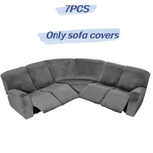 (Gray 7PCS) Full Cover Elastic Sofa Slipcover 5 Seater Corner Recliner Sectional Couchcover