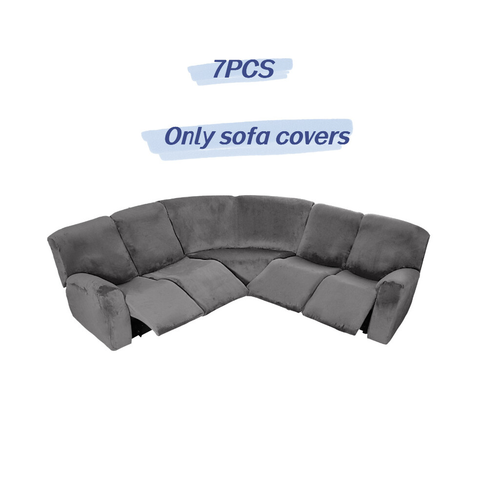 (Gray 7PCS) Full Cover Elastic Sofa Slipcover 5 Seater Corner Recliner Sectional Couchcover