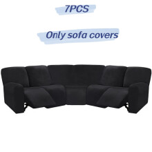 (Black 7PCS) Full Cover Elastic Sofa Slipcover 5 Seater Corner Recliner Sectional Couchcover