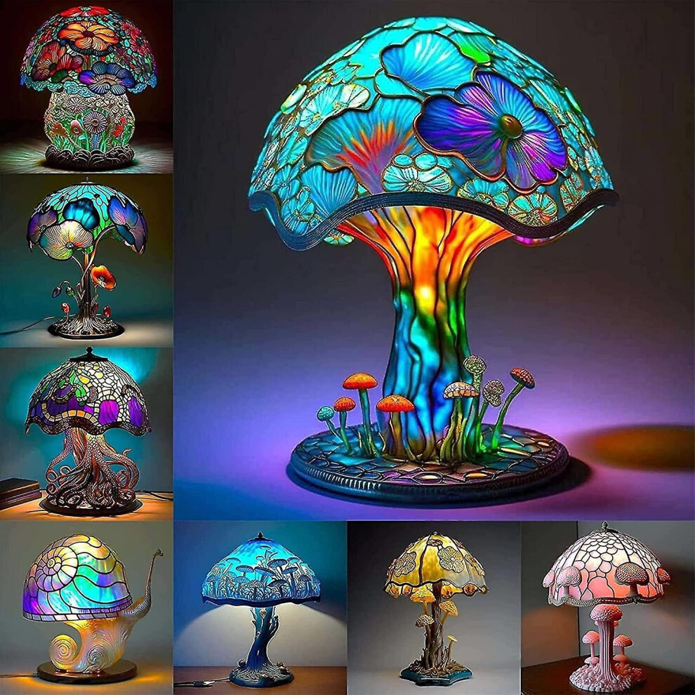 (A) 2023 New,stained Glass Plant Series Table Lamp, Vintage Table Lamp, Colorful Mushroom Lamp,