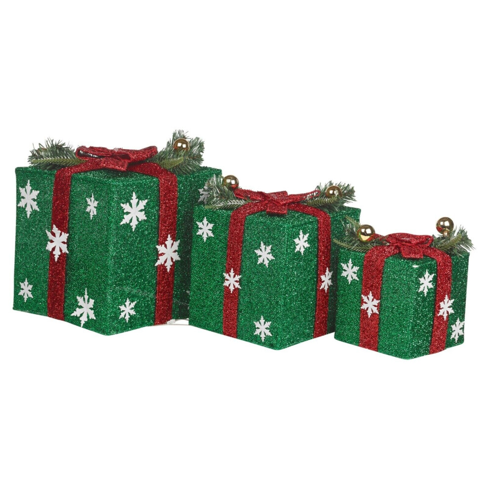 (Green) 3 Piece Light Up LED Gift Box Christmas Decorations Fireplace Display Xmas Decor