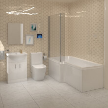 L-Shaped LH Shower Bath, White Basin Vanity Unit Closed Coupled Toilet