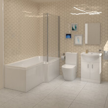 L-Shaped RH Shower Bath, White Basin Vanity Unit Closed Coupled Toilet