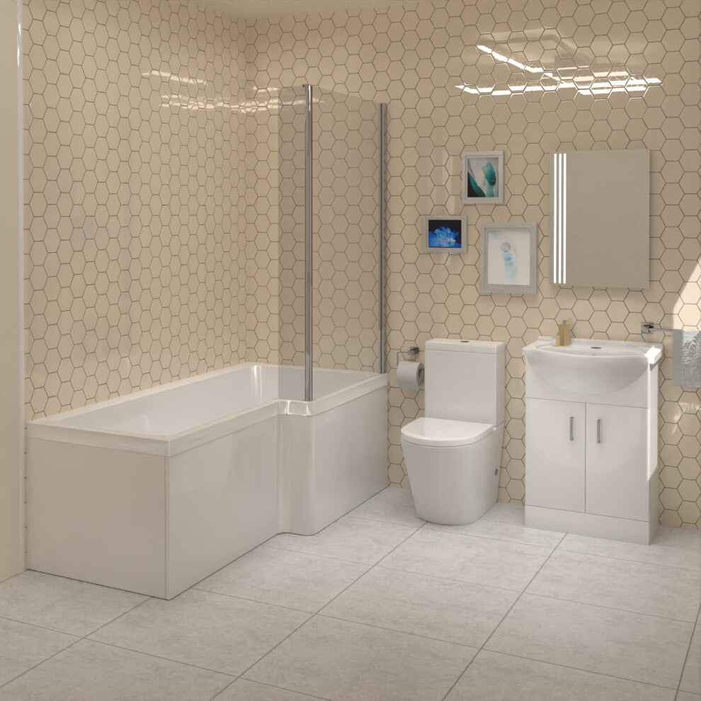 L-Shaped RH Shower Bath, White Basin Vanity Unit Closed Coupled Toilet