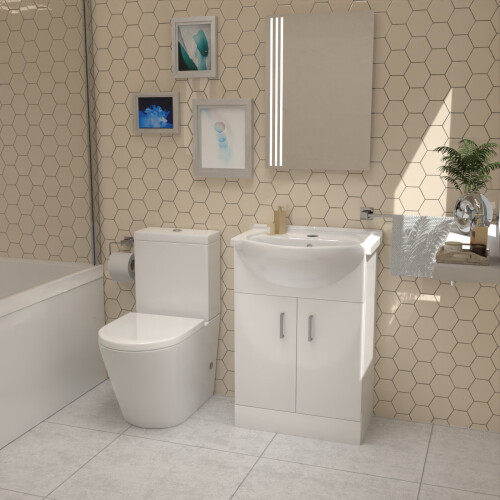 NES Home L-Shaped RH Shower Bath, White Basin Vanity Unit Closed Coupled Toilet 1