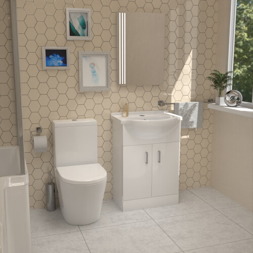 NES Home L-Shaped RH Shower Bath, White Basin Vanity Unit Closed Coupled Toilet 2