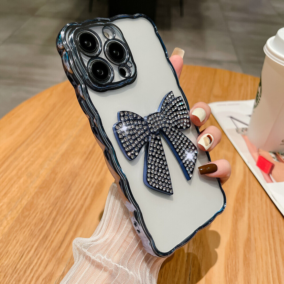 (Blue, iPhone14) For iPhone14 /13 /12 Plus Pro Max Lovely Women Case Curly Shape, Wavy Frame Phone Case with 3D Bow
