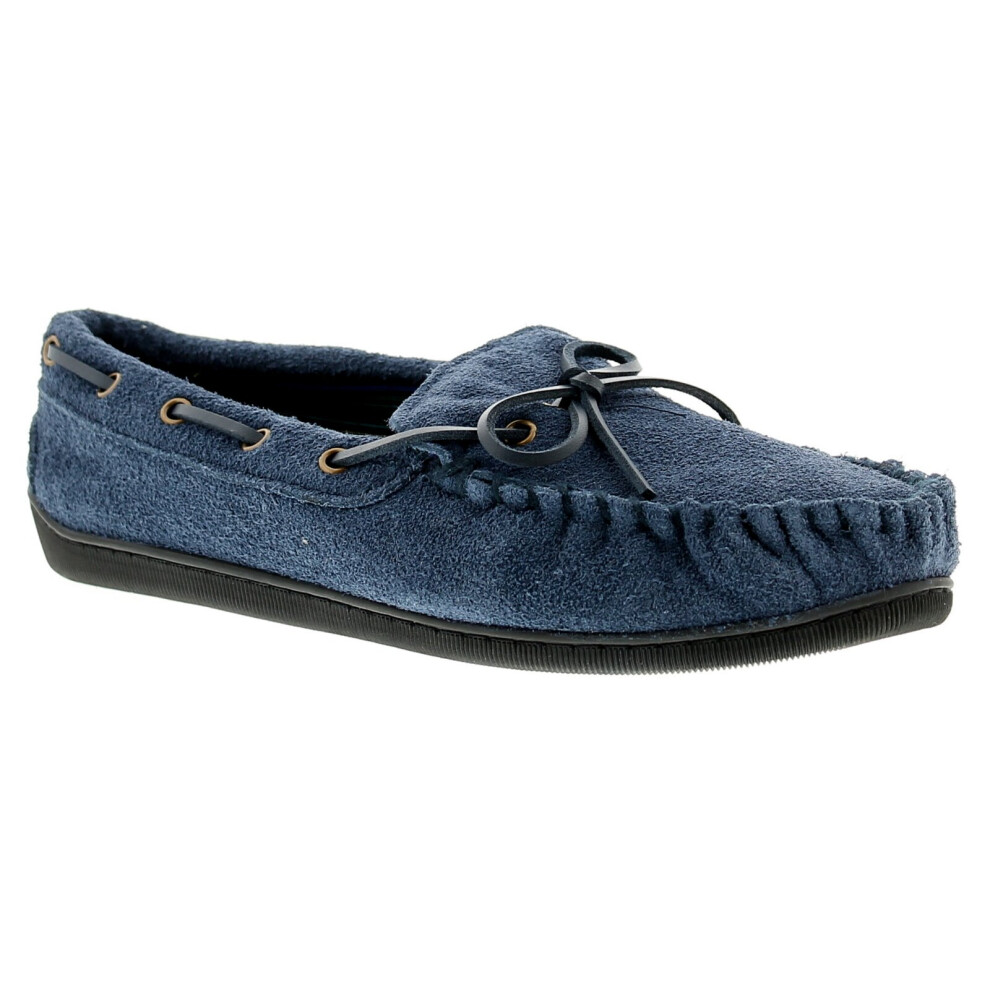 (8 (Adults')) New Mens/Gents Navy Leather Suede Moccasin Slippers UK Size