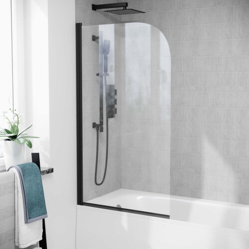 NES Home 800mm Curved Bath Screen Matt Black Profile Clear Glass Reversible | Denver 1