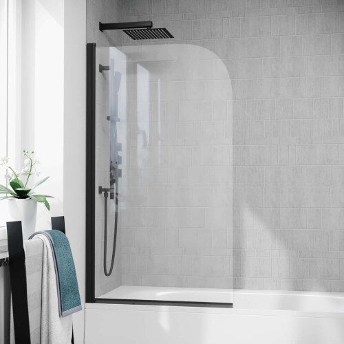 NES Home 800mm Curved Bath Screen Matt Black Profile Clear Glass Reversible | Denver 2