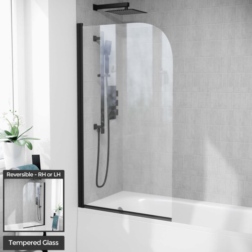 NES Home 800mm Curved Bath Screen Matt Black Profile Clear Glass Reversible | Denver