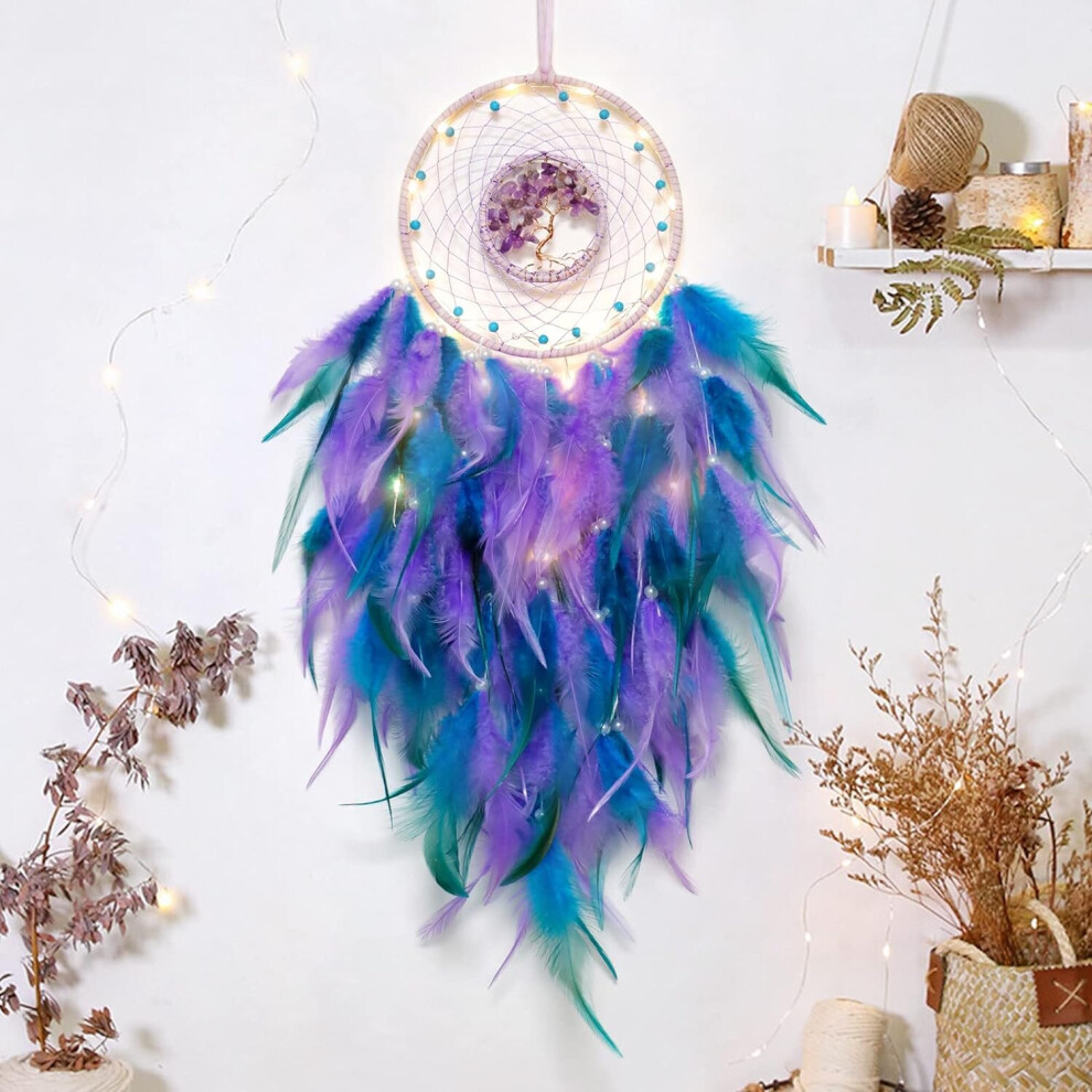 Dream Catcher Tree of Life Wall Decor with Crystal Stone Handmade Dream Catchers for Bedroom Bohemian Home Decor Wedding Ornament Craft Gift