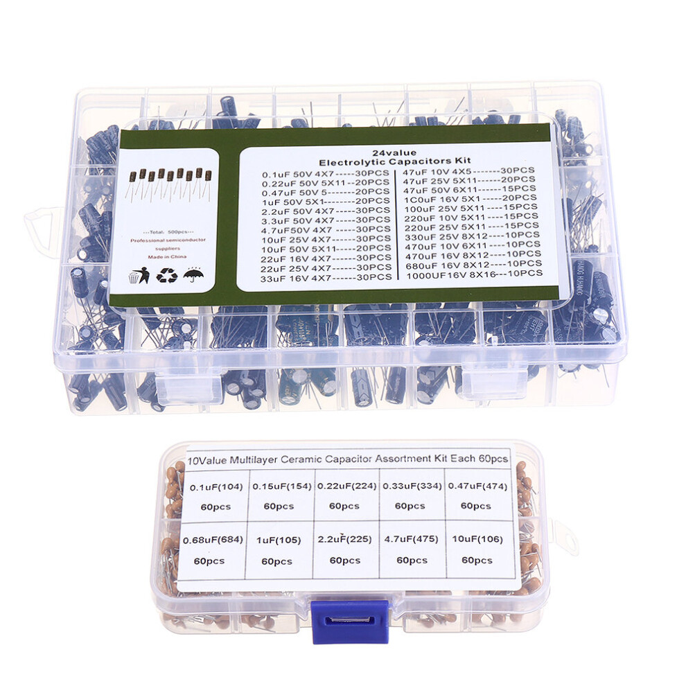 24Value 500Pcs 0.1Uf-1000Uf Electrolytic Capacitors + 10Value 600 Pcs 0.1Uf-10Uf Ceramic Capacitor Assortment Box Kit 740196749610