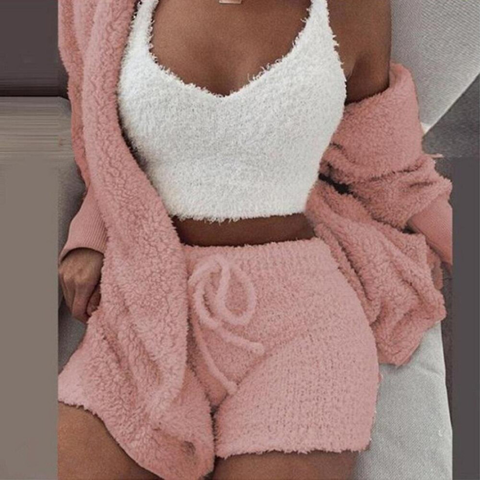 (Pink, M) Women's Sexy Fuzzy 3 Piece Outfits Fleece Fluffy Warm Hooded Cardigan Crop Top Shorts Set Pajamas Lounge Sets Loungewear