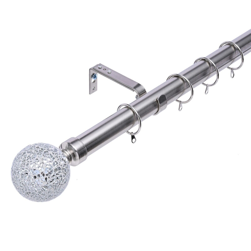 (Polished Steel, 180 cm - 340 cm) Crackle Glass Ball Finials 28 mm Extendable Curtain Poles Rods Voiles