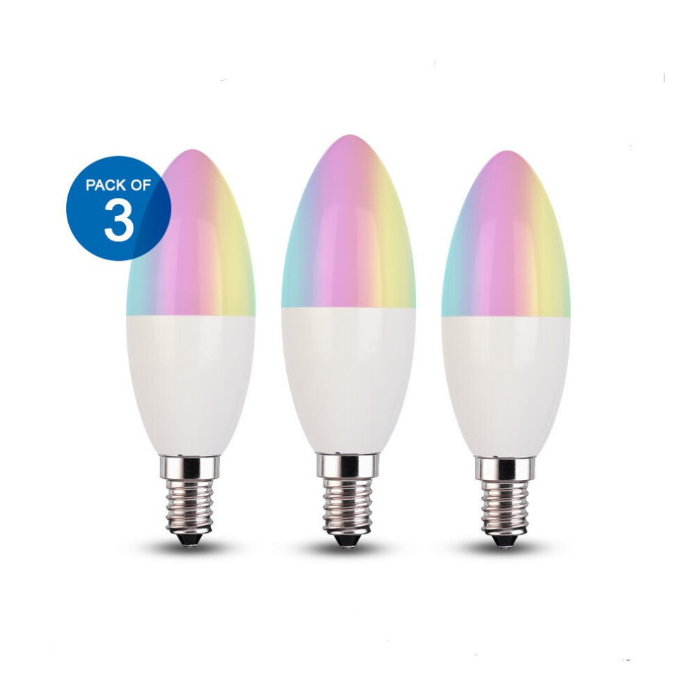 3 Pc Pack 4.5W E14 Base Smart WiFi RGB + White + Warm White Dimmable LED Candle Bulb 6000K-3000K, Works with Google Home, Remote Controlled Via App.-image-OPC-PCKNFFY-NEW