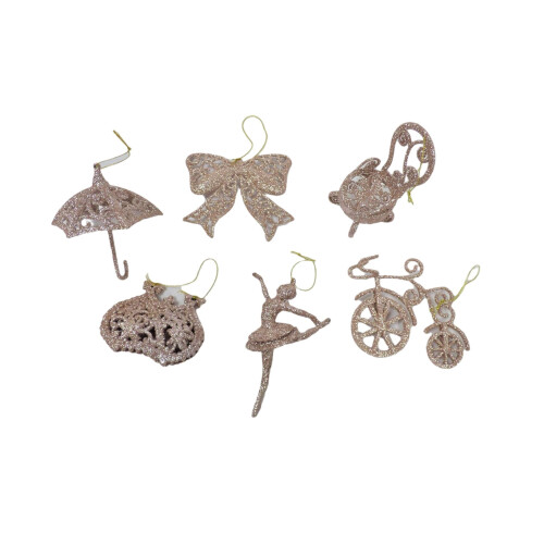 6 Rose Gold Christmas Tree Decorations Glitter Vintage Designs 1