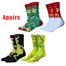 (Multicolor) 4 Pairs Unisex Christmas Grinch Socks Xmas Gift