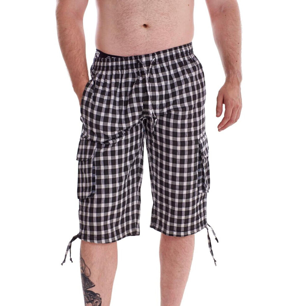 (Black White, 3XL) Woven Cotton Shorts 3/4 Length Blended Casual Cargo Summer Wear Multicolours