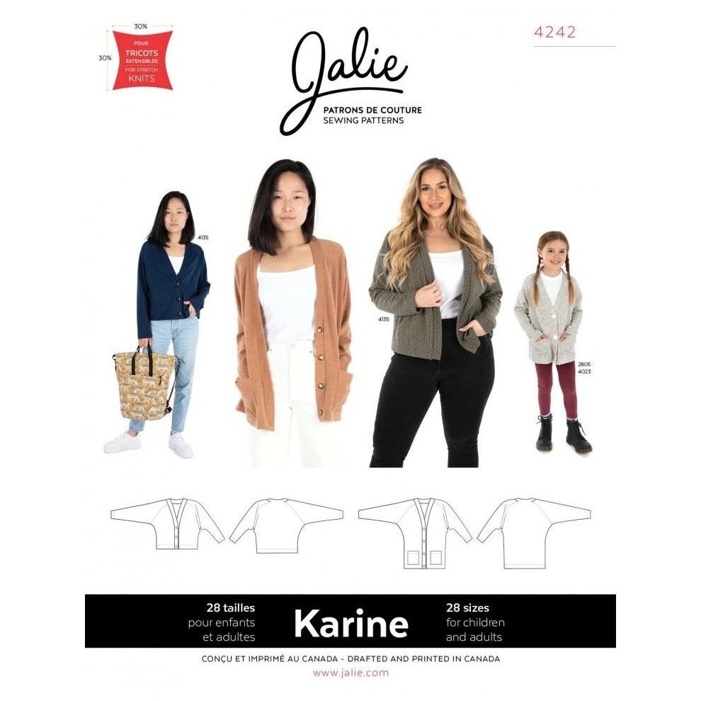 Jalie Sewing Pattern 4242 Karine Raglan Cardigan Kids, Teenagers, Women 28 Sizes