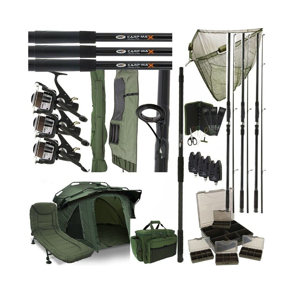 Complete Full set up 2 man Bivvy 3 Rods Reels Bag Alarm Tackle Bed Chair Net